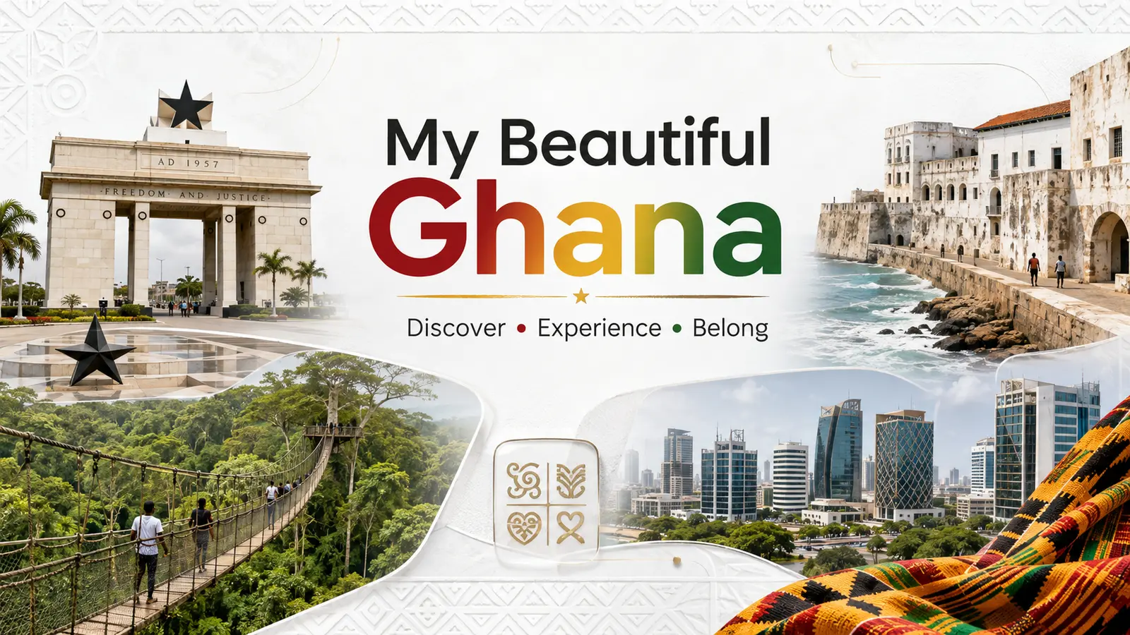 Collage of Ghana landmarks, Kakum canopy walkway, Accra skyline and kente cloth
